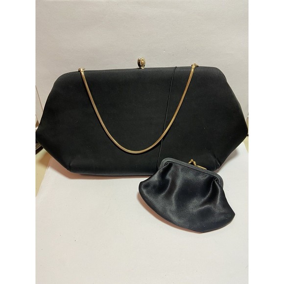 Unique Vintage Handbags - Vintage 50s MCM HL Harry Levine Black Satin Evening Bag Clutch w Change Purse